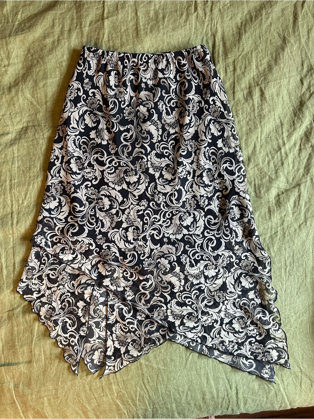 Black & Tan Floral Asymmetric Hem Skirt